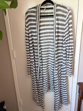 Free People Grey and White Striped Knit Duster Cardigan